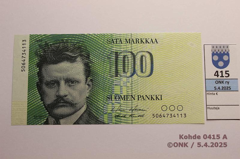 k-0415-a.jpg - Kohde 415, lhthinta: 15 € / myyntihinta: 17 € 100 mk 1986 SNY 185.1.1 5064734113 HOL-Pu1, kunto: 9