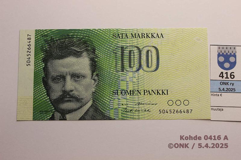 k-0416-a.jpg - Kohde 416, lhthinta: 15 € / myyntihinta: 17 € 100 mk 1986 SNY 185.1.1 5045266487 AL I-Ko1, kunto: 9