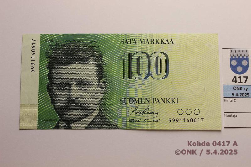 k-0417-a.jpg - Kohde 417 (kuva 1/2), lhthinta: 15 € / myyntihinta: 23 € 100 mk 1986 599.. SNY 185.2 5991140617 KU I-Pu1, korvaava, kunto: 5