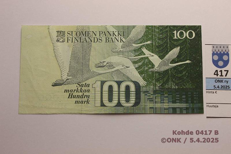 k-0417-b.jpg - Kohde 417 (kuva 2/2), lhthinta: 15 € / myyntihinta: 23 € 100 mk 1986 599.. SNY 185.2 5991140617 KU I-Pu1, korvaava, kunto: 5