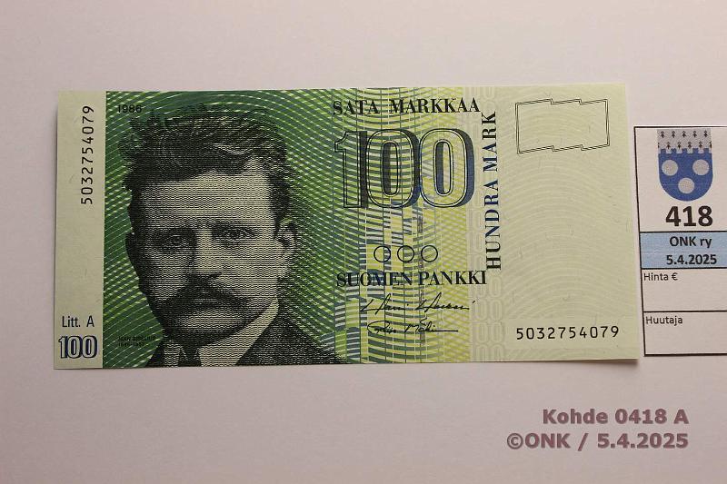 k-0418-a.jpg - Kohde 418, lhthinta: 15 € / myyntihinta: 22 € 100 mk 1986 LA SNY 185.3 5032754079 HOL-M2, kunto: 9