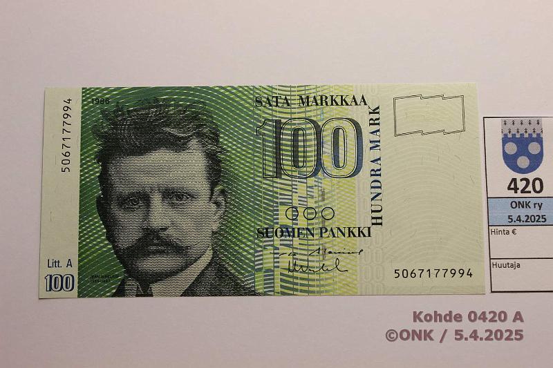 k-0420-a.jpg - Kohde 420 (kuva 1/2), lhthinta: 15 € / myyntihinta: 21 € 100 mk 1986 LA SNY 185.3 5067177994 AL II-Va2, kunto: 9
