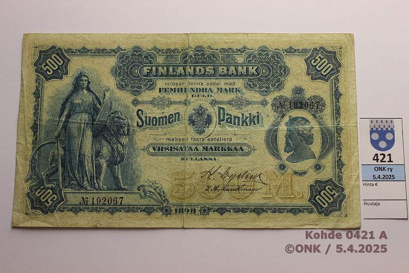 k-0421-a.jpg - Kohde 421 (kuva 1/2), lhthinta: 1000 € / myyntihinta: 1050 € 500 mk 1898 SNY 187.2 192067 Wegelius-Landtman, viivat alla, prep, keskireik, kunto: 4