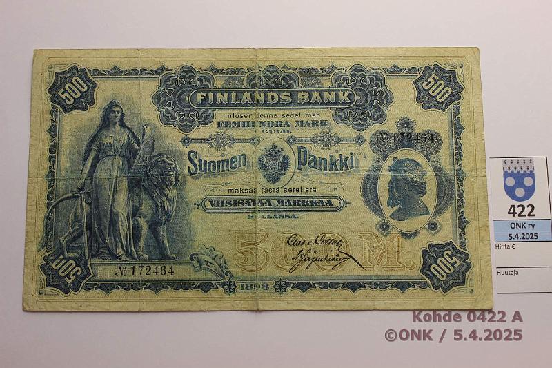 k-0422-a.jpg - Kohde 422 (kuva 1/2), lhthinta: 600 € / myyntihinta: 600 € 500 mk 1898 SNY 187.3 172464 Collan-Jgerskild, ei viivoja, rep, reiki, kunto: 4