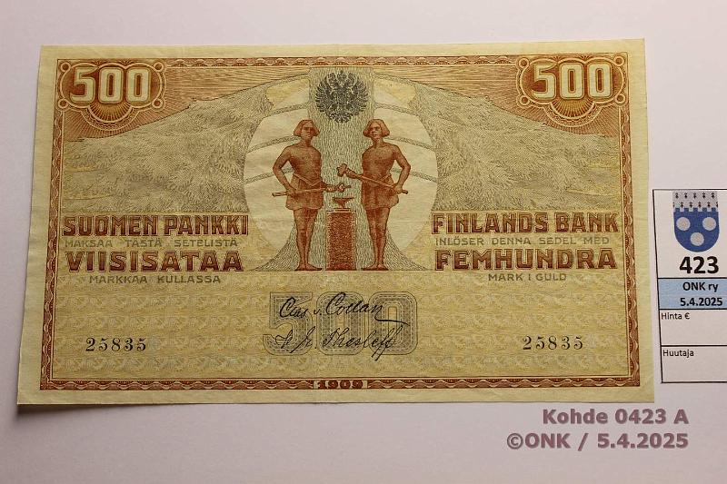 k-0423-a.jpg - Kohde 423 (kuva 1/2), lhthinta: 60 € / myyntihinta: 60 € 500 mk 1909 KV SNY 188.2 25835X COL-The, viimeinen numero raaputettu pois, kunto: 5