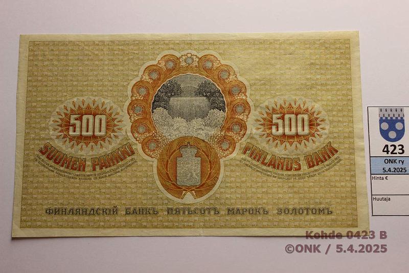 k-0423-b.jpg - Kohde 423 (kuva 2/2), lhthinta: 60 € / myyntihinta: 60 € 500 mk 1909 KV SNY 188.2 25835X COL-The, viimeinen numero raaputettu pois, kunto: 5