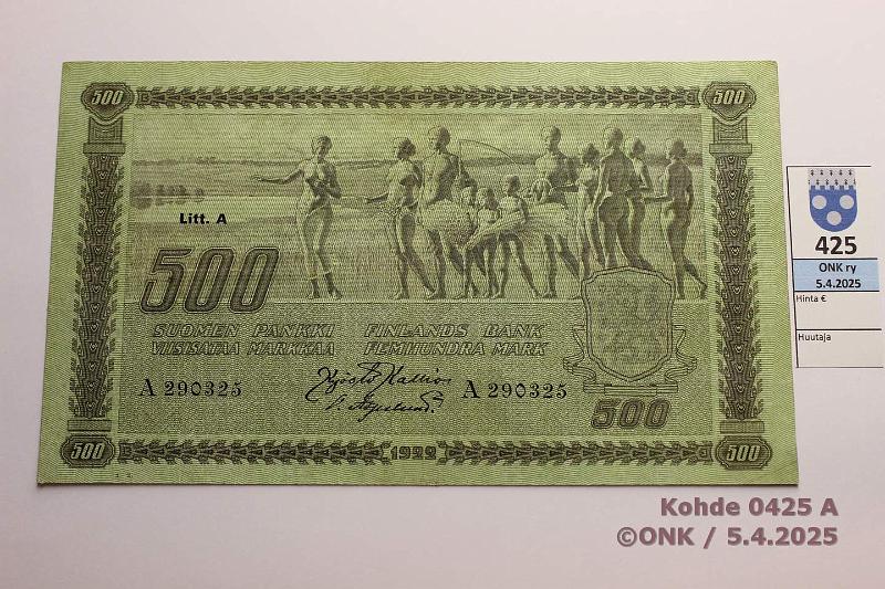 k-0425-a.jpg - Kohde 425 (kuva 1/2), lhthinta: 3800 € / myyntihinta: 4300 € 500 mk 1922 LA SNY 189.2 A290325 KAL-OAs, sil? Harvinainen!, kunto: 5