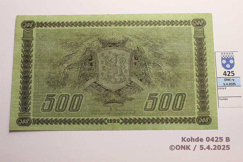 k-0425-b.jpg - Kohde 425 (kuva 2/2), lhthinta: 3800 € / myyntihinta: 4300 € 500 mk 1922 LA SNY 189.2 A290325 KAL-OAs, sil? Harvinainen!, kunto: 5