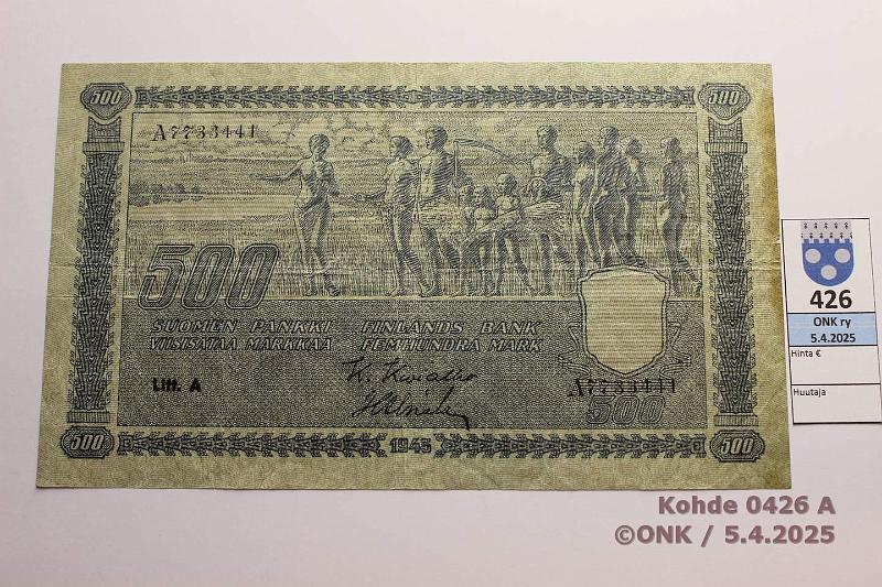 k-0426-a.jpg - Kohde 426 (kuva 1/2), lhthinta: 80 € / ei tarjouksia 500 mk 1945 LA SNY 190.1.1 A7733441 KIV-Als, pieni puutos ja tahra reunassa, kunto: 4