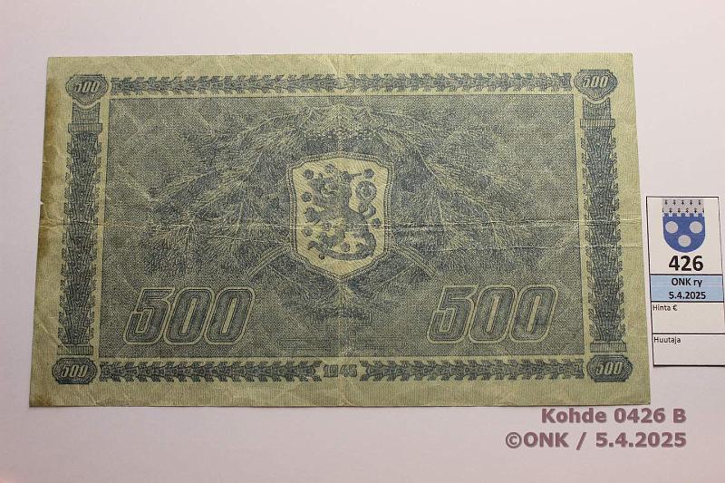 k-0426-b.jpg - Kohde 426 (kuva 2/2), lhthinta: 80 € / ei tarjouksia 500 mk 1945 LA SNY 190.1.1 A7733441 KIV-Als, pieni puutos ja tahra reunassa, kunto: 4