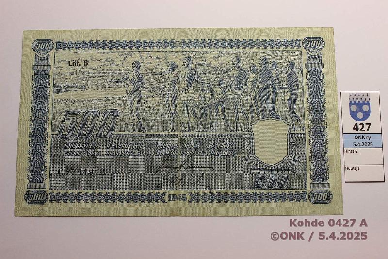 k-0427-a.jpg - Kohde 427 (kuva 1/2), lhthinta: 45 € / myyntihinta: 45 € 500 mk 1945 LB SNY 190.2 C7744912 RAI-Als, 1mm rep, keskireik, kunto: 4
