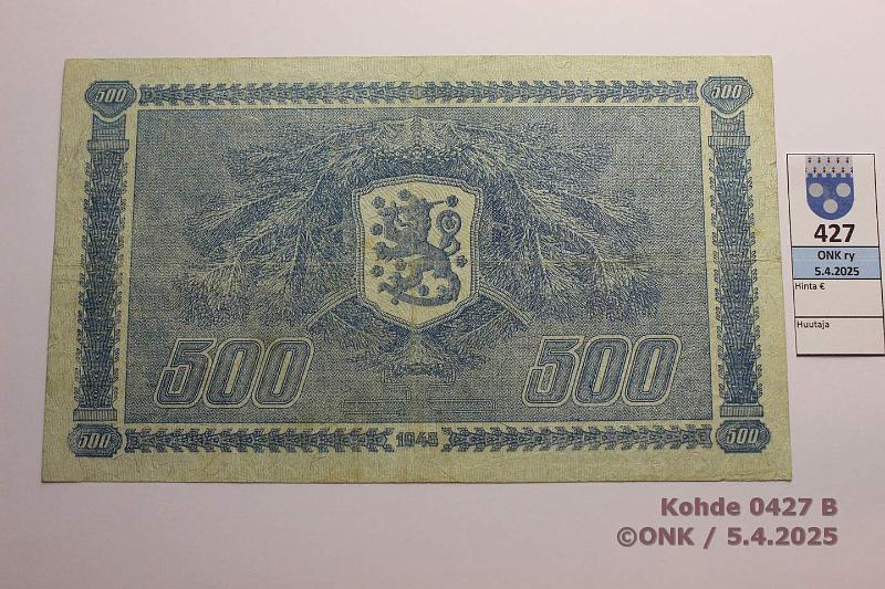 k-0427-b.jpg - Kohde 427 (kuva 2/2), lhthinta: 45 € / myyntihinta: 45 € 500 mk 1945 LB SNY 190.2 C7744912 RAI-Als, 1mm rep, keskireik, kunto: 4