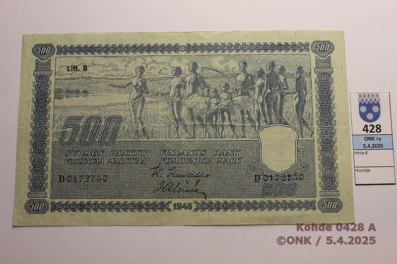 k-0428-a.jpg - Kohde 428 (kuva 1/2), lhthinta: 80 € / myyntihinta: 125 € 500 mk 1945 LB SNY 190.2 D0172750 KIV-Als, kunto: 5