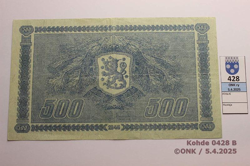k-0428-b.jpg - Kohde 428 (kuva 2/2), lhthinta: 80 € / myyntihinta: 125 € 500 mk 1945 LB SNY 190.2 D0172750 KIV-Als, kunto: 5