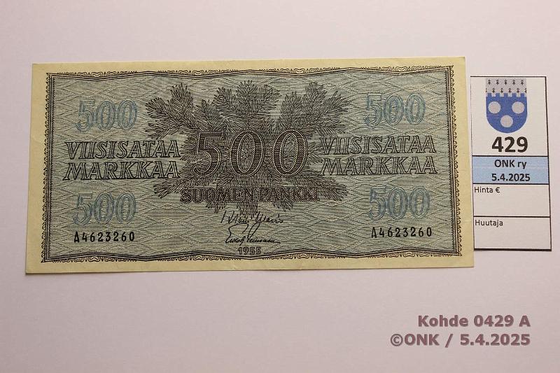 k-0429-a.jpg - Kohde 429 (kuva 1/2), lhthinta: 185 € / ei tarjouksia 500 mk 1955 SNY 191.1.1 A4623260 WAR-Lei, kunto: 5