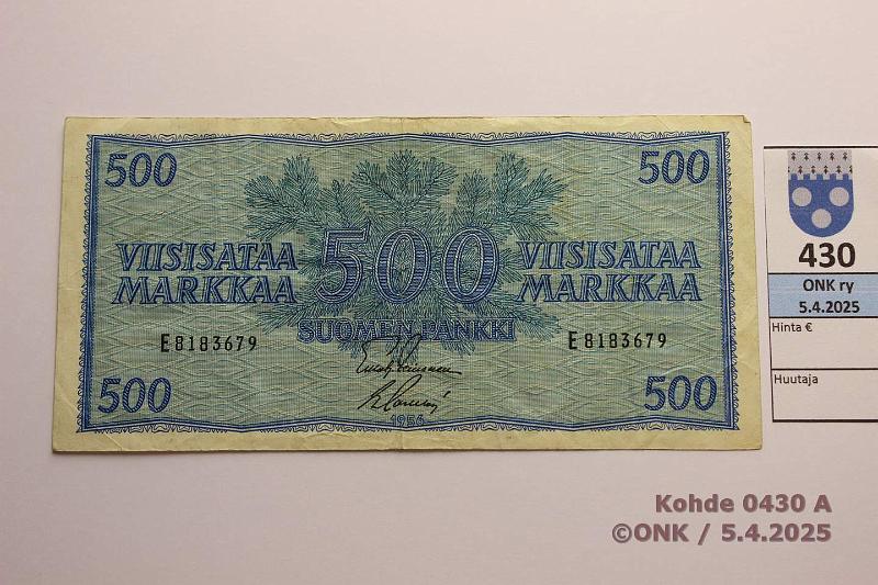 k-0430-a.jpg - Kohde 430 (kuva 1/2), lhthinta: 20 € / myyntihinta: 20 € 500 mk 1956 SNY 192.3.1 E8183679 LEI-Sac, likaa ylreunassa, kunto: 4