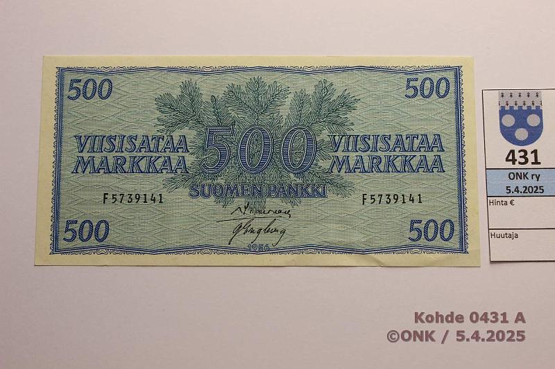 k-0431-a.jpg - Kohde 431, lhthinta: 50 € / myyntihinta: 50 € 500 mk 1956 SNY 192.3.1 F5739141 SIM-Eng, klemmarin painuma, ei taitteita, kunto: 8