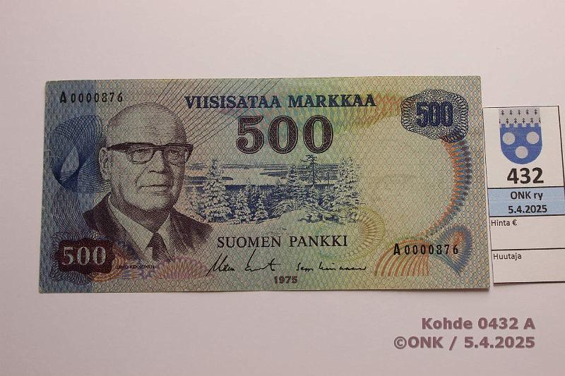k-0432-a.jpg - Kohde 432 (kuva 1/2), lhthinta: 100 € / myyntihinta: 100 € 500 mk 1975 SNY 193.1.1 A0000876 KO II-Lin, metallilanka, pienehk sarjan:o, kunto: 4