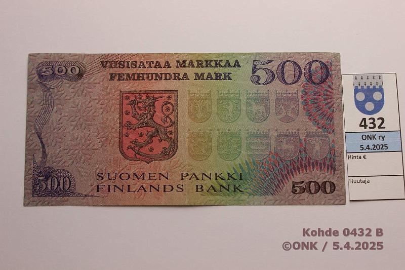 k-0432-b.jpg - Kohde 432 (kuva 2/2), lhthinta: 100 € / myyntihinta: 100 € 500 mk 1975 SNY 193.1.1 A0000876 KO II-Lin, metallilanka, pienehk sarjan:o, kunto: 4