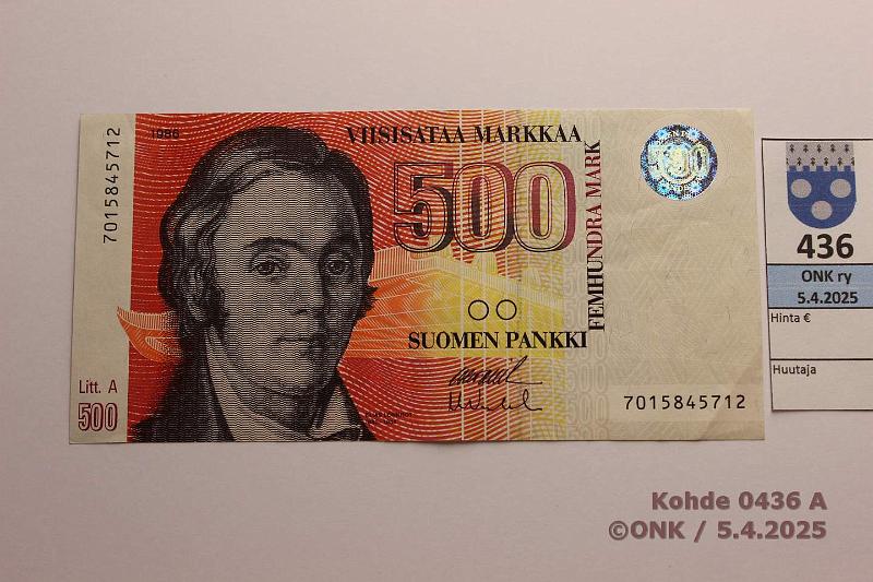 k-0436-a.jpg - Kohde 436 (kuva 1/2), lhthinta: 40 € / myyntihinta: 45 € 500 mk 1986 LA SNY 194.2 7015845712 OL II-Va2, kunto: 5