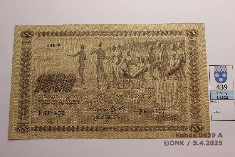 k-0439-a.jpg - Kohde 439 (kuva 1/2), lhthinta: 60 € / myyntihinta: 60 € 1000 mk 1922 LC SNY 197.3.2 tII F618407 HEU-AAs, eprep, neulanreik, kunto: 4