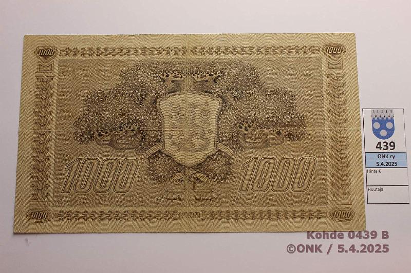 k-0439-b.jpg - Kohde 439 (kuva 2/2), lhthinta: 60 € / myyntihinta: 60 € 1000 mk 1922 LC SNY 197.3.2 tII F618407 HEU-AAs, eprep, neulanreik, kunto: 4