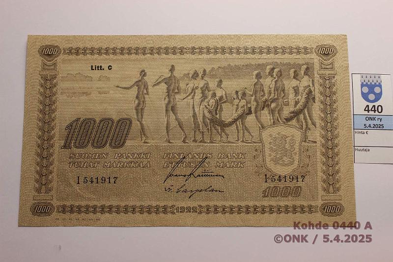 k-0440-a.jpg - Kohde 440 (kuva 1/2), lhthinta: 90 € / myyntihinta: 90 € 1000 mk 1922 LC SNY 197.3.3 tIII I541917 RAI-Car, kunto: 6