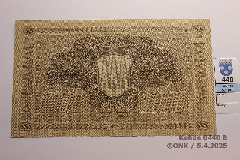 k-0440-b.jpg - Kohde 440 (kuva 2/2), lhthinta: 90 € / myyntihinta: 90 € 1000 mk 1922 LC SNY 197.3.3 tIII I541917 RAI-Car, kunto: 6