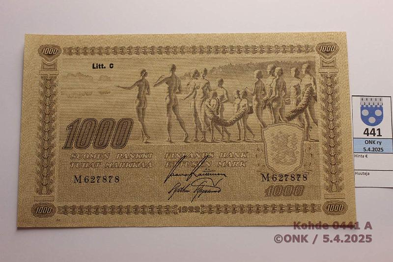 k-0441-a.jpg - Kohde 441 (kuva 1/2), lhthinta: 370 € / ei tarjouksia 1000 mk 1922 LC SNY 197.3.3 tIII M627878 RAI-AAs, ainoastaan kulmataitos, kunto: 8