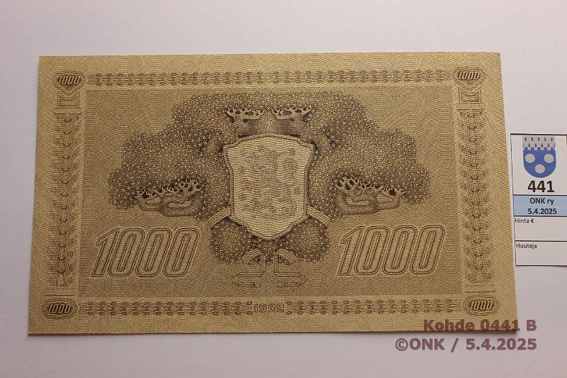 k-0441-b.jpg - Kohde 441 (kuva 2/2), lhthinta: 370 € / ei tarjouksia 1000 mk 1922 LC SNY 197.3.3 tIII M627878 RAI-AAs, ainoastaan kulmataitos, kunto: 8