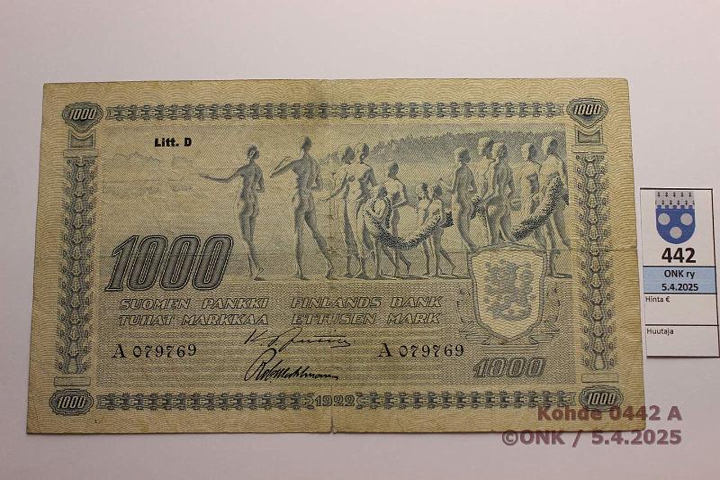 k-0442-a.jpg - Kohde 442 (kuva 1/2), lhthinta: 500 € / myyntihinta: 500 € 1000 mk 1922 LD SNY 197.4 A079769 JUT-Wah, preiki, rep, km, kunto: 3