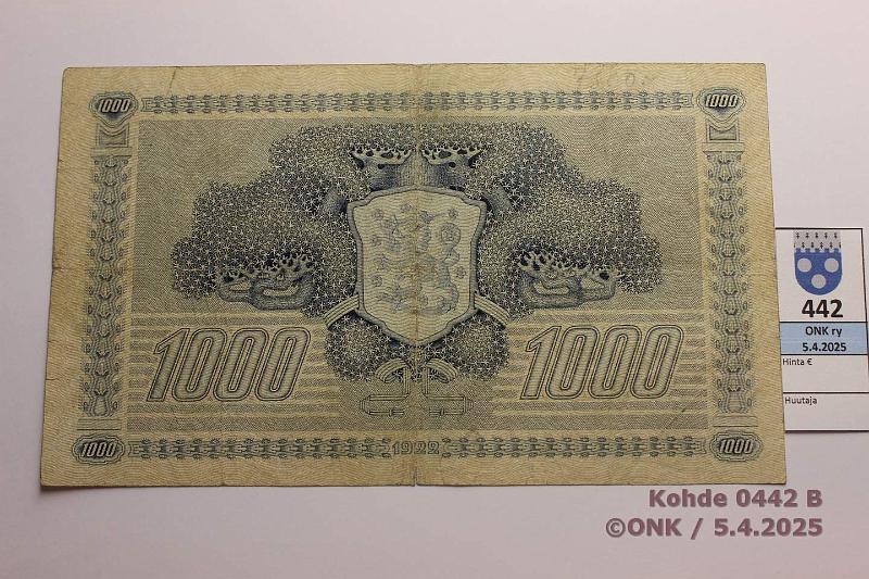 k-0442-b.jpg - Kohde 442 (kuva 2/2), lhthinta: 500 € / myyntihinta: 500 € 1000 mk 1922 LD SNY 197.4 A079769 JUT-Wah, preiki, rep, km, kunto: 3