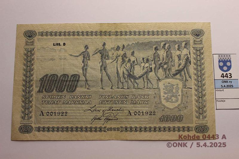 k-0443-a.jpg - Kohde 443 (kuva 1/2), lhthinta: 1000 € / myyntihinta: 1500 € 1000 mk 1922 LD SNY 197.4 A001922 HEU-AAs, tahra. Hyv kunto!, kunto: 5