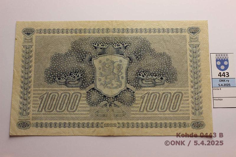 k-0443-b.jpg - Kohde 443 (kuva 2/2), lhthinta: 1000 € / myyntihinta: 1500 € 1000 mk 1922 LD SNY 197.4 A001922 HEU-AAs, tahra. Hyv kunto!, kunto: 5