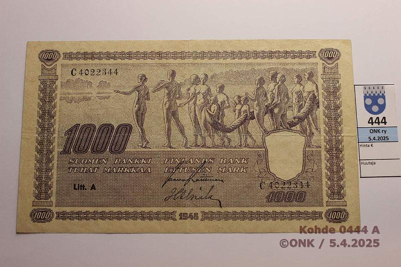 k-0444-a.jpg - Kohde 444 (kuva 1/2), lhthinta: 70 € / myyntihinta: 70 € 1000 mk 1945 LA SNY 199.1.1 C4022344 RAI-Als, kunto: 5