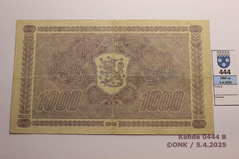 k-0444-b.jpg - Kohde 444 (kuva 2/2), lhthinta: 70 € / myyntihinta: 70 € 1000 mk 1945 LA SNY 199.1.1 C4022344 RAI-Als, kunto: 5