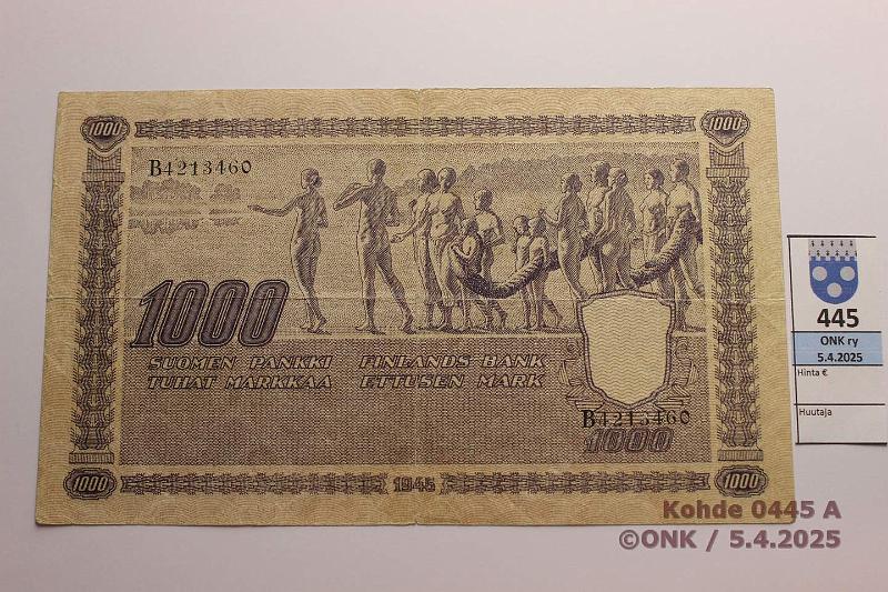 k-0445-a.jpg - Kohde 445 (kuva 1/2), lhthinta: 200 € / myyntihinta: 200 € 1000 mk 1945 SNY 199.1.1 B4213460, prep. Tyyppi Litt A, mutta ilman LA-merkint ja allekirjoituksia, kunto: 3