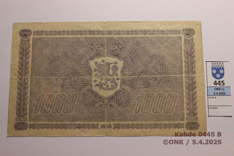 k-0445-b.jpg - Kohde 445 (kuva 2/2), lhthinta: 200 € / myyntihinta: 200 € 1000 mk 1945 SNY 199.1.1 B4213460, prep. Tyyppi Litt A, mutta ilman LA-merkint ja allekirjoituksia, kunto: 3