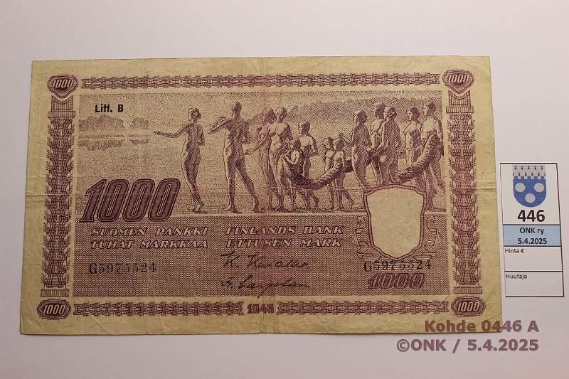 k-0446-a.jpg - Kohde 446 (kuva 1/2), lhthinta: 40 € / myyntihinta: 40 € 1000 mk 1945 LB SNY 199.2.1 G5975524 KIV-Car, keskireik, kunto: 3