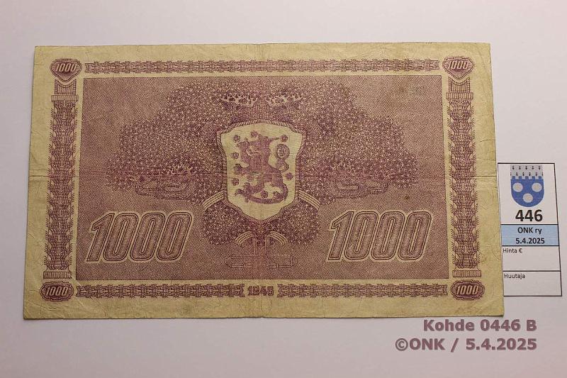 k-0446-b.jpg - Kohde 446 (kuva 2/2), lhthinta: 40 € / myyntihinta: 40 € 1000 mk 1945 LB SNY 199.2.1 G5975524 KIV-Car, keskireik, kunto: 3