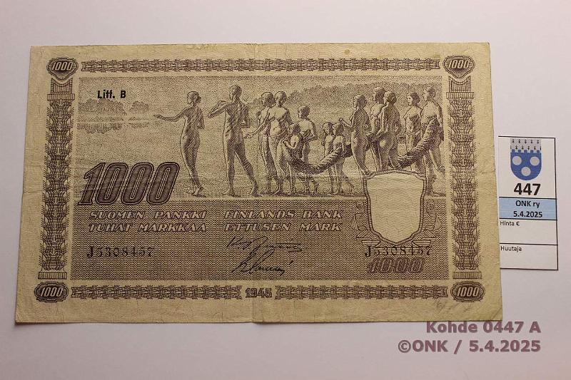 k-0447-a.jpg - Kohde 447 (kuva 1/2), lhthinta: 50 € / myyntihinta: 56 € 1000 mk 1945 LB SNY 199.2.1 J5308457 JUT-Sac, harv ak-pari (v), pieni tahroja, lkm, kunto: 4