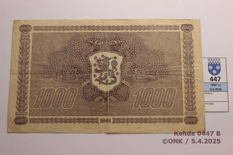 k-0447-b.jpg - Kohde 447 (kuva 2/2), lhthinta: 50 € / myyntihinta: 56 € 1000 mk 1945 LB SNY 199.2.1 J5308457 JUT-Sac, harv ak-pari (v), pieni tahroja, lkm, kunto: 4