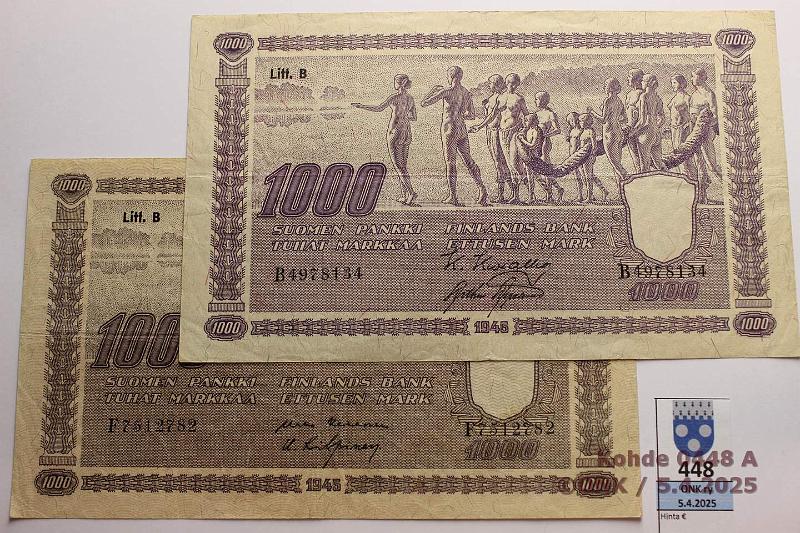k-0448-a.jpg - Kohde 448 (kuva 1/2), lhthinta: 120 € / ei tarjouksia 1000 mk 1945 LB (2) SNY 199.2.1 F7512782 KEK-Kil, B4978134 KIV-AAs, vaalea ja tumma versio, kunto: 4, 5