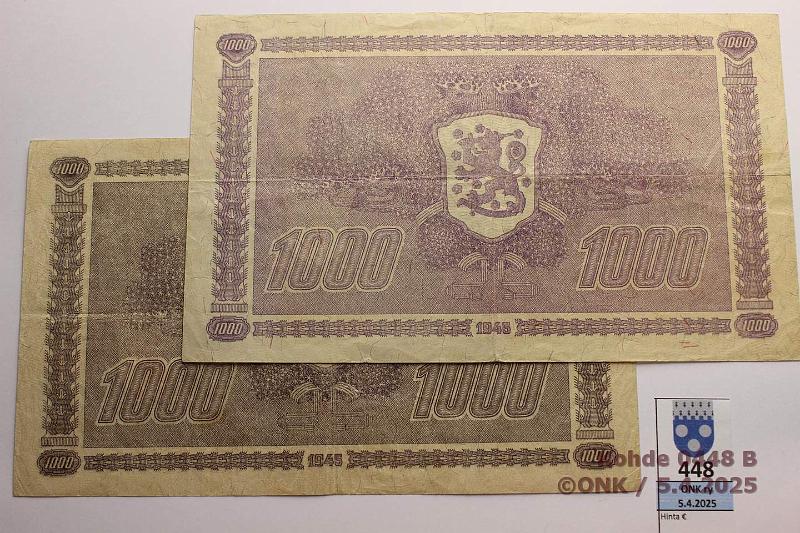 k-0448-b.jpg - Kohde 448 (kuva 2/2), lhthinta: 120 € / ei tarjouksia 1000 mk 1945 LB (2) SNY 199.2.1 F7512782 KEK-Kil, B4978134 KIV-AAs, vaalea ja tumma versio, kunto: 4, 5