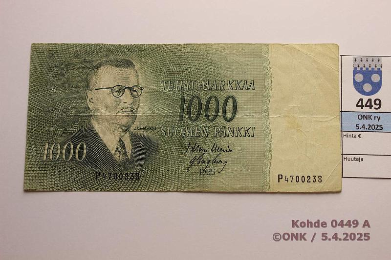 k-0449-a.jpg - Kohde 449 (kuva 1/2), l�ht�hinta: 15 &euro; / myyntihinta: 17 &euro; 1000 mk 1955 SNY 200.1.1 P4700238 WAR-Eng, kunto: 3