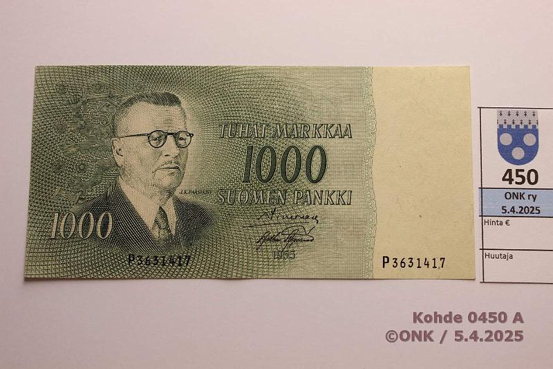 k-0450-a.jpg - Kohde 450 (kuva 1/2), lhthinta: 30 € / myyntihinta: 30 € 1000 mk 1955 SNY 200.1.1 P3631417 SIM-AAs, kunto: 6