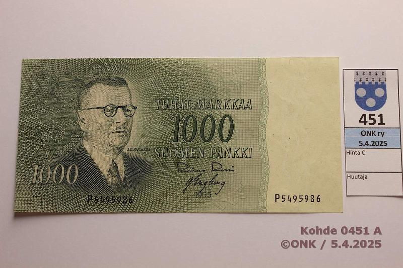 k-0451-a.jpg - Kohde 451 (kuva 1/2), lhthinta: 30 € / myyntihinta: 30 € 1000 mk 1955 SNY 200.1.1 P5495986 RO I-Eng, kunto: 6