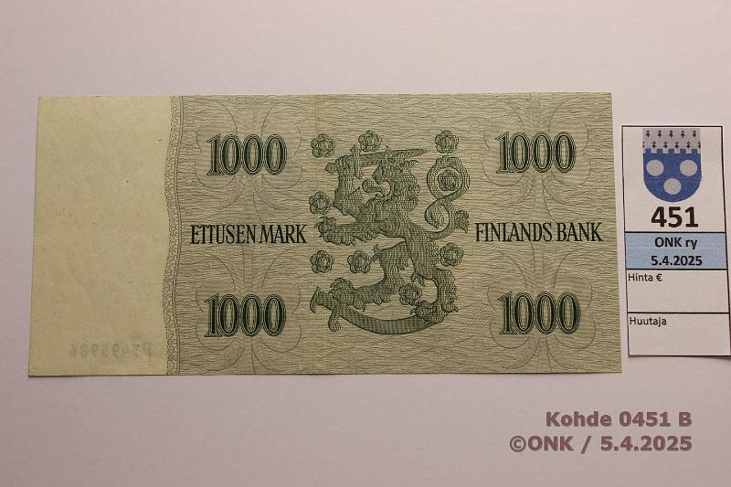 k-0451-b.jpg - Kohde 451 (kuva 2/2), lhthinta: 30 € / myyntihinta: 30 € 1000 mk 1955 SNY 200.1.1 P5495986 RO I-Eng, kunto: 6