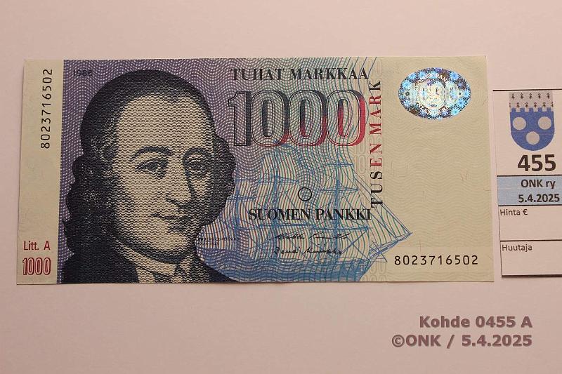 k-0455-a.jpg - Kohde 455 (kuva 1/2), lhthinta: 80 € / ei tarjouksia 1000 mk 1986 LA SNY 201.3.1 8023716502 PU II-Ko2, kunto: 6
