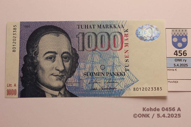 k-0456-a.jpg - Kohde 456 (kuva 1/2), lhthinta: 120 € / ei tarjouksia 1000 mk 1986 LA SNY 201.3.1 8012023385 HOL-H2, ei taitteita, kunto: 8
